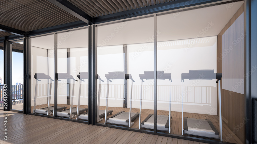 Fototapeta premium Small gym at skyscraper , 3d rendering
