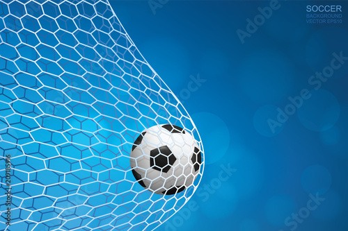 Soccer football ball in goal and soccer net with light blurred bokeh background. Vector illustration.