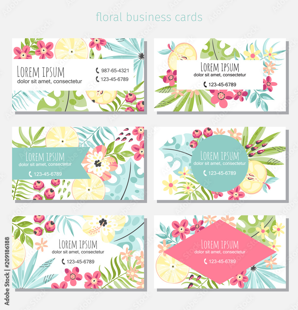 Six flowers and fruits business cards