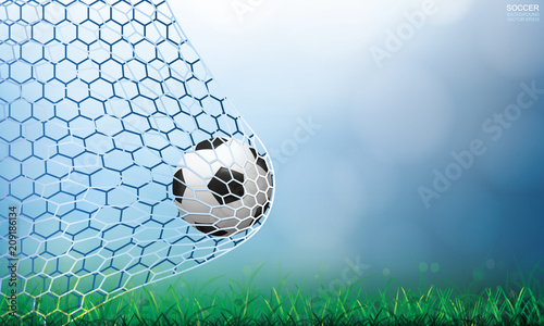 Soccer football ball in soccer goal and net with light blurred bokeh background and green grass field. Vector illustration.