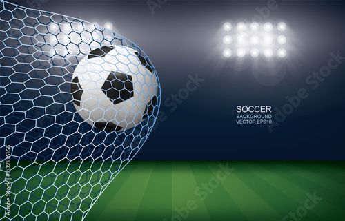 Soccer football ball in soccer goal with soccer field stadium background. Vector.