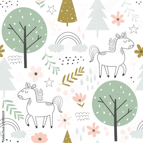 Seamless pattern with unicorns