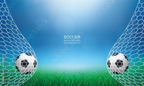 Soccer football ball in soccer goal with green grass field area and light blurred bokeh background. Vector illustration.