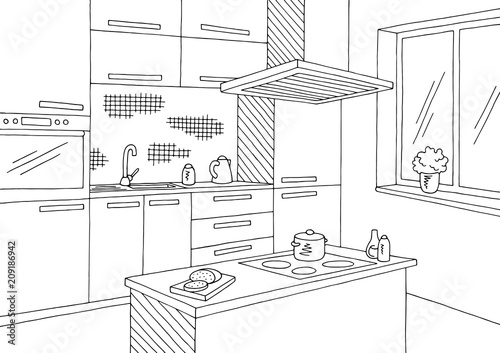 Kitchen room graphic black white home interior sketch illustration vector