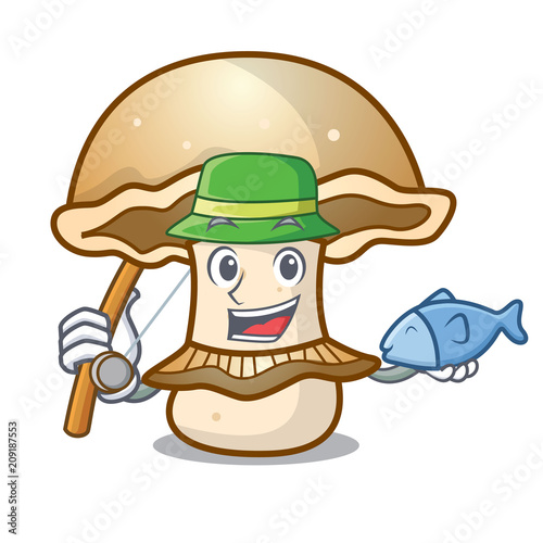 Fishing portobello mushroom mascot cartoon