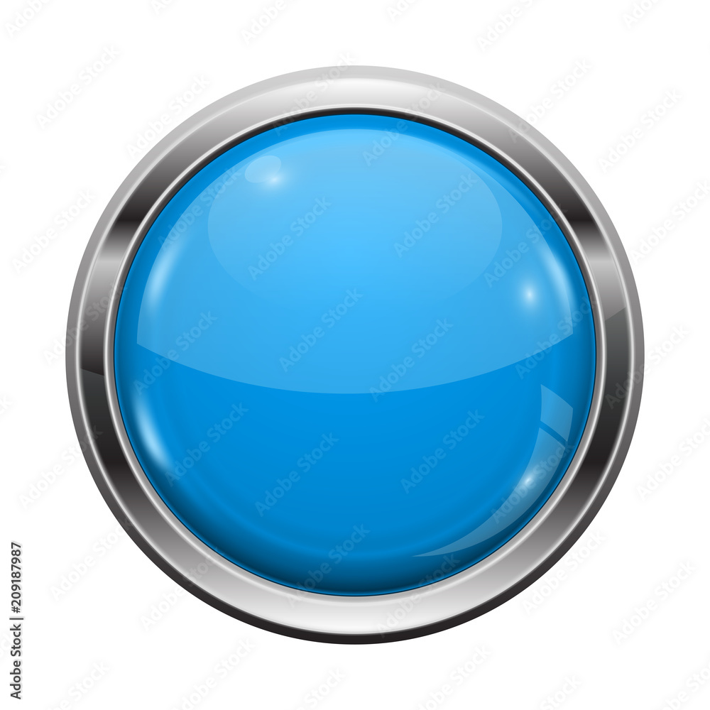 Blue button with chrome frame. Round glass shiny 3d icon Blue button with chrome frame. Round glass shiny 3d icon