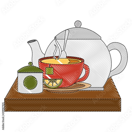 teapot with teacup and slice lemon spoon on wooden tray vector illustration