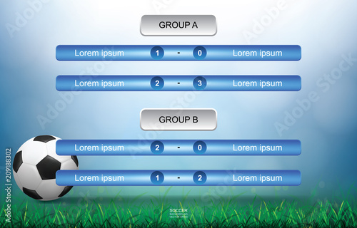 Match schedule background for soccer football cup with soccer ball on green grass field and light blurred bokeh background. Soccer football tournament schedule. Vector.