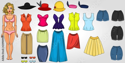 Assets for a dress up game, clothing, shoes and accesories. Character in pop art style. Sketchy style. Assortment of different colored modern clothes. Vector illustration.