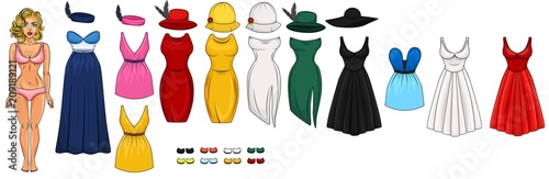 Assets for a dress up game with dresses, clothing, shoes and accesories. Character in pop art style. Sketchy style. Assortment of different vintage dresses. Vector illustration.