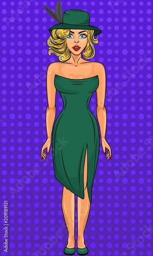 Vector illustration of a beautiful blonde young woman with red lips dressed up in a retro green dress in pop art style. Female character isolated on blue vintage background.