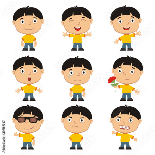 Set of little funny boy with black hair in different poses and emotion isolated on white background.