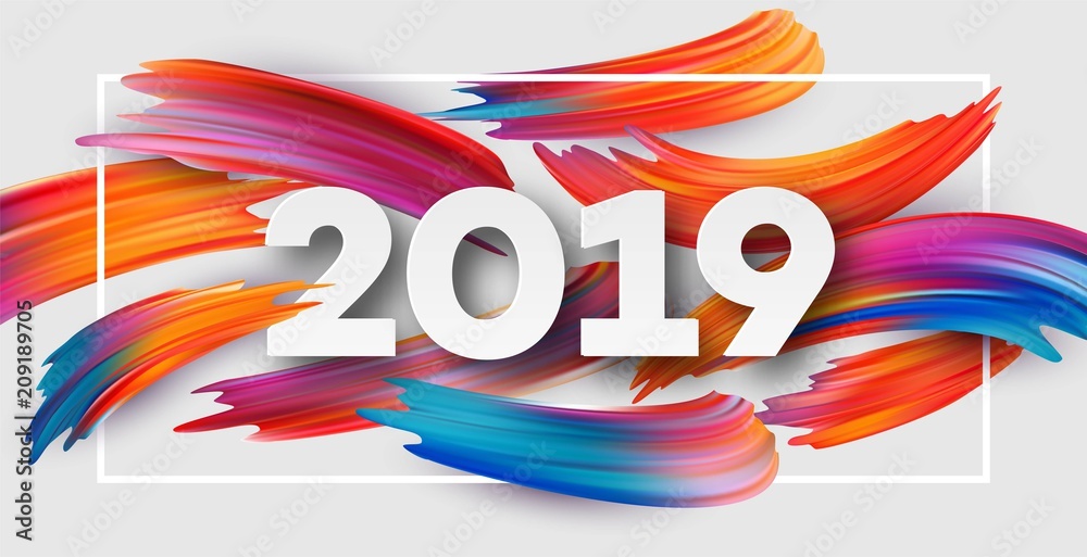 2019 New Year on the background of a colorful brushstroke oil or acrylic paint design element. Vector illustration - obrazy, fototapety, plakaty 