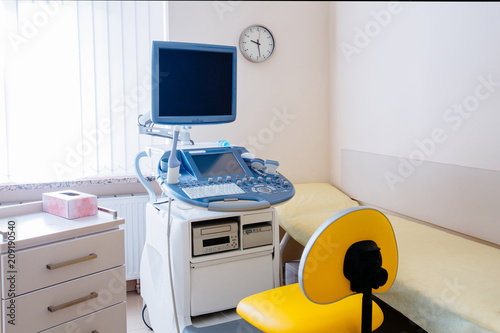 Ultrasound diagnosis, equipment medicine, medical furniture, hospital, genicology, women's consultation, chair genicology. photo