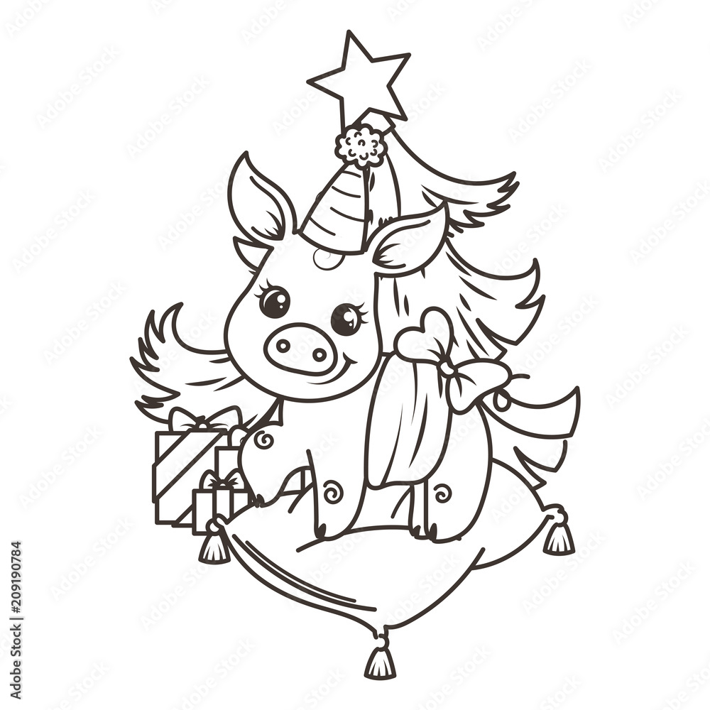 Happy New 2019 Year card with cartoon baby pig. Small symbol of holiday. Happy New 2019 Year card with cartoon baby pig. Small symbol of holiday.