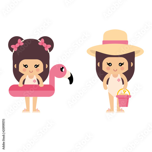 cartoon summer girl in a swimsuit with flamingo float and summer bucket set