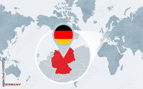 World map centered on America with magnified Germany.