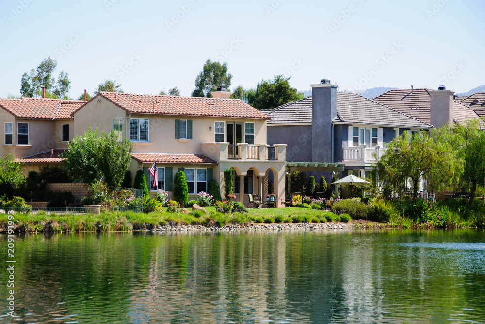 Beautiful House at Lake in sunny day