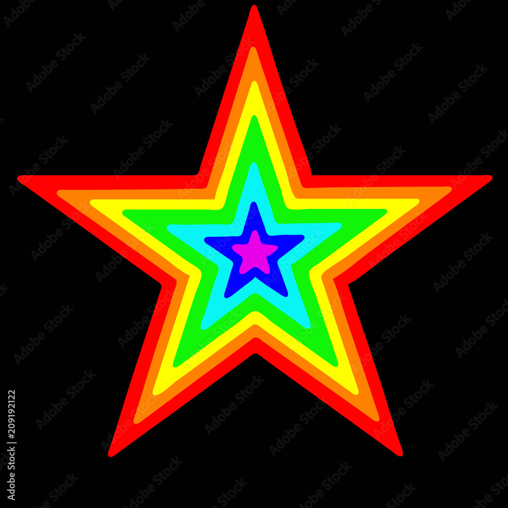 Geometric five-pointed star in a bright rainbow colors on a black background Geometric five-pointed star in a bright rainbow colors on a black background