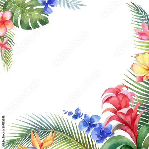 Watercolor vector card with tropical leaves and bright exotic flowers isolated on white background.