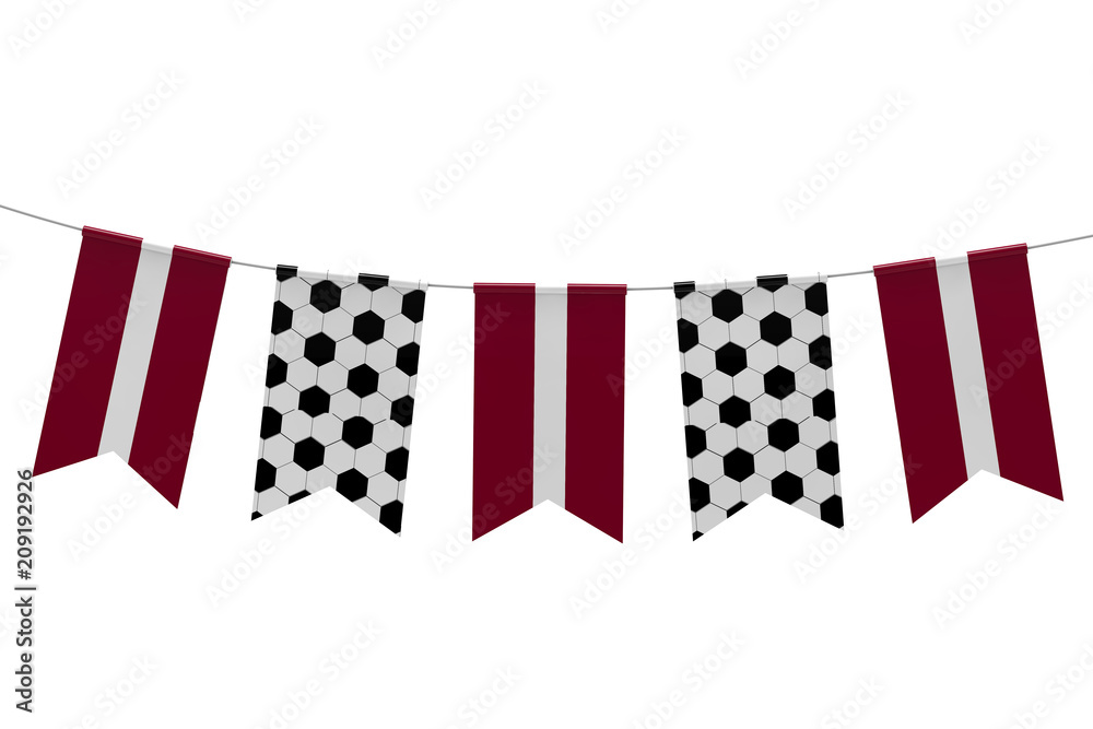 Obraz premium Latvia flag and soccer ball texture football flag bunting. 3D Rendering