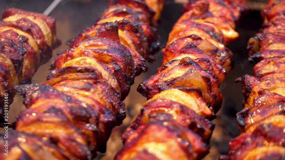 Professional video of cooking delicious skewers on barbecue grill in slow motion 120fps Professional video of cooking delicious skewers on barbecue grill in slow motion 120fps