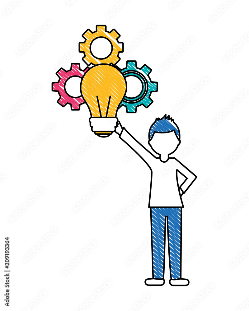young man with light bulb and gears isolated icon vector illustration design young man with light bulb and gears isolated icon vector illustration design
