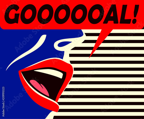 Pop art minimal style mouth of cheering soccer football supporter shouting goal celebrating score by his team with speech bubble flat design vector illustration