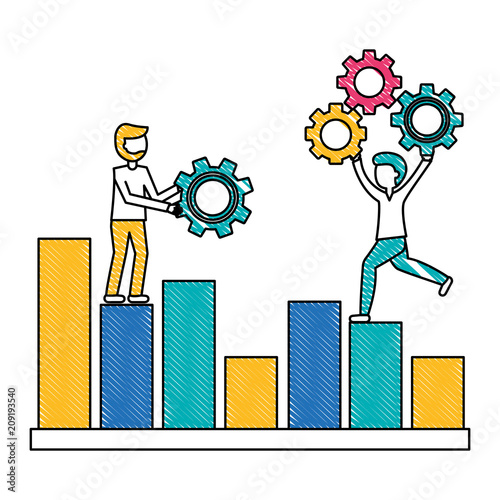 young men with statistical graph and gears design