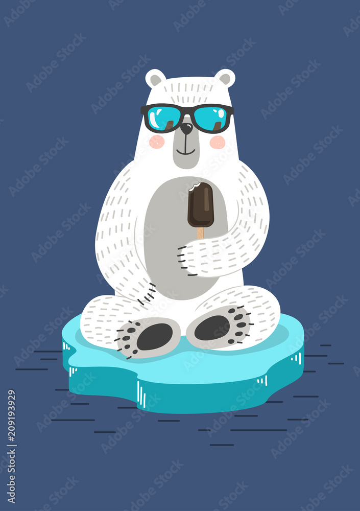 Fototapeta premium Cute white bear on ice floe eating ice-cream on blue background. Summer heat. Vector illustration