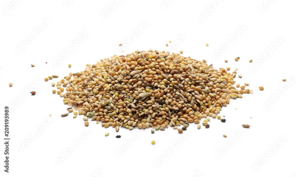Mixed bird seeds, millet pile isolated on white background