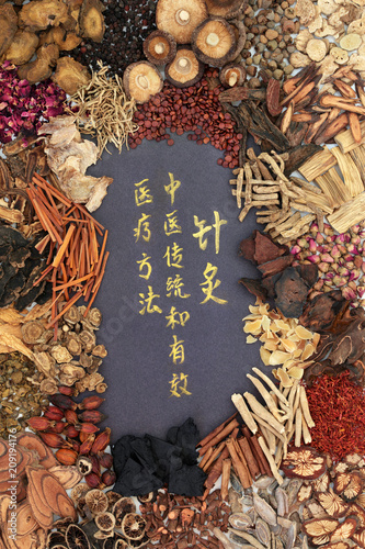 Chinese herbs used in traditional herbal medicine with gold calligraphy script. Translation reads as acupuncture chinese traditional and effective medical treatment solution method. Top view.