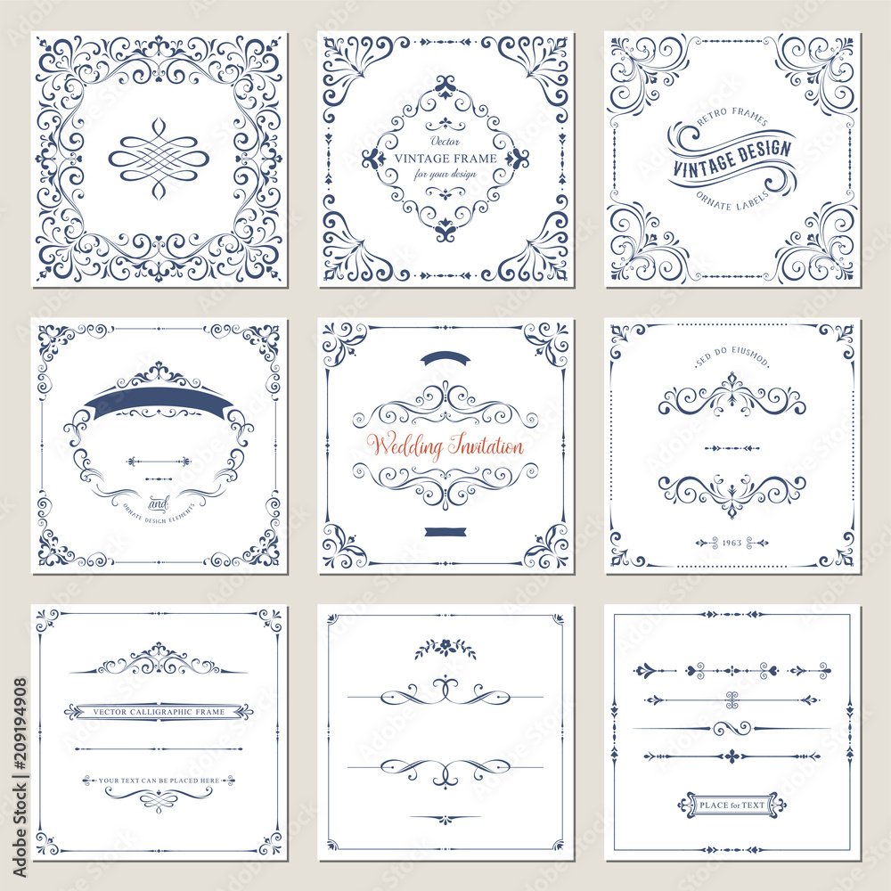 Ornate frames design and scroll elements set. Flourish cards and labels templates. Vector illustration.