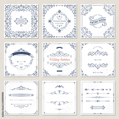 Ornate frames design and scroll elements set. Flourish cards and labels templates. Vector illustration.