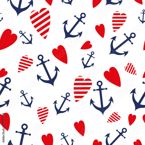 Sea marine vector seamless patterns anchor heart blue red sea trip backgrounds.