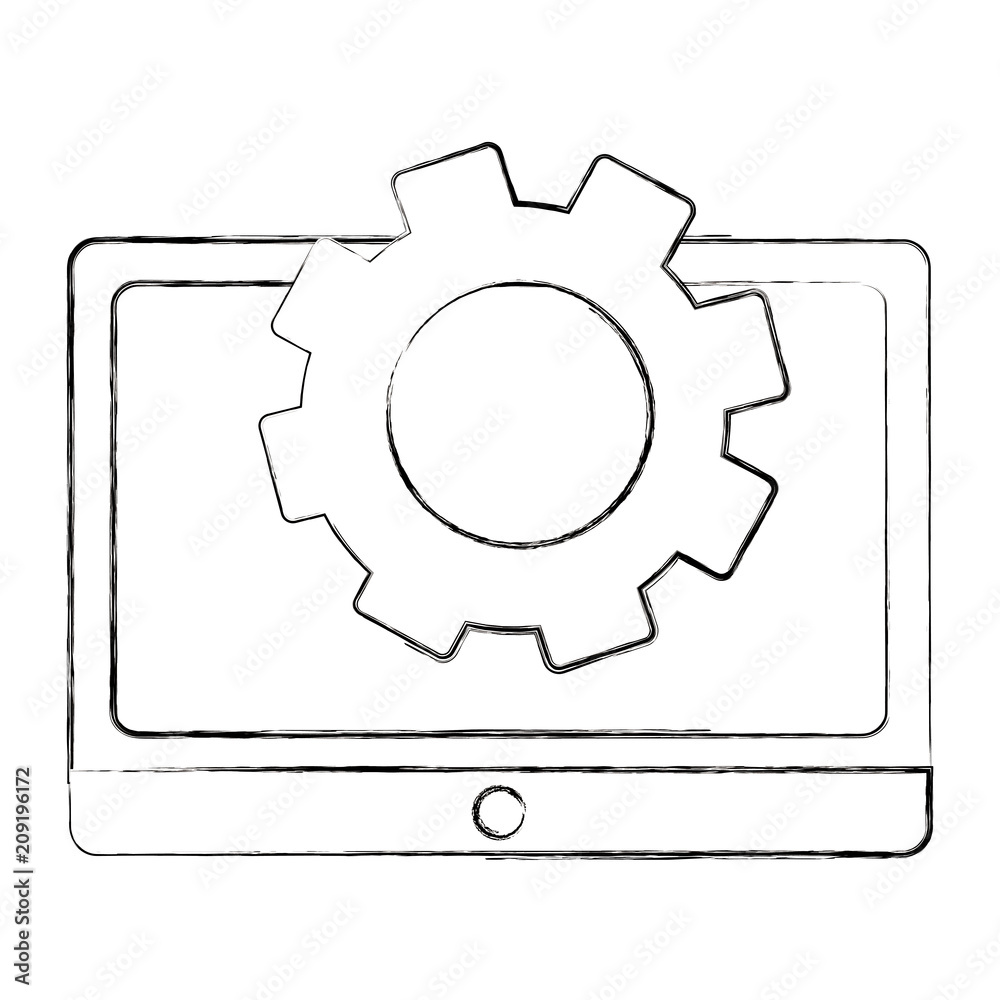 tablet computer and gear teamwork vector illustration sketch