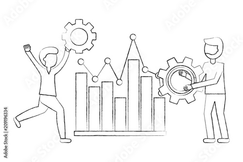 businesspeople holding gears and business diagram teamwork vector illustration sketch
