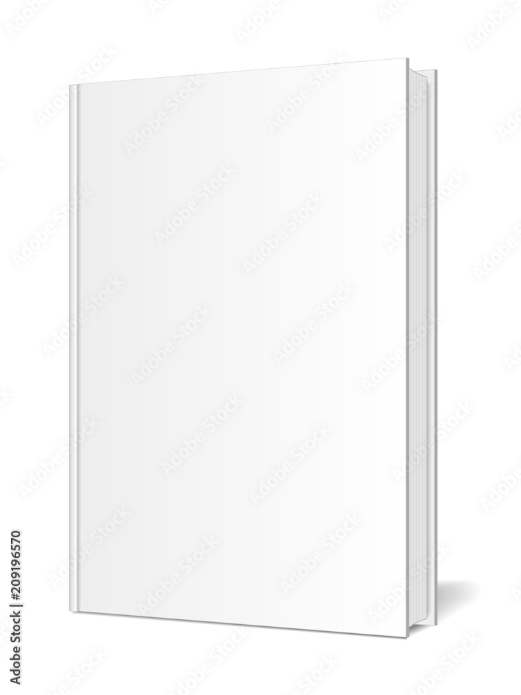 The blank template of a vertically standing book with realistic pages and shadows standing on a white surface. Perspective view. Vector illustration.