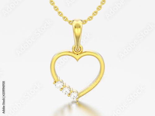 3D illustration yellow gold diamond heart necklace on chain