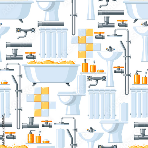 Bathroom interior. Plumbing seamless pattern.