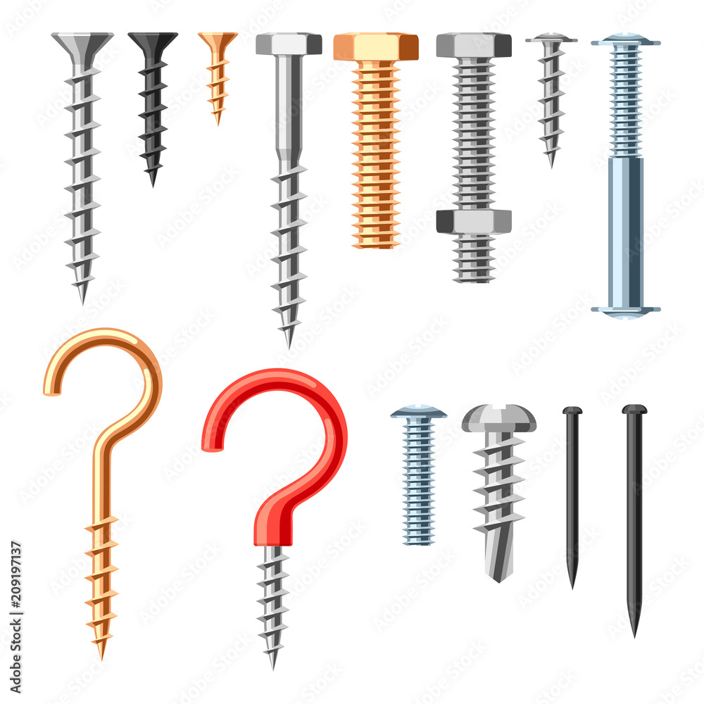 Set of bolts nuts nails. Set of bolts nuts nails.