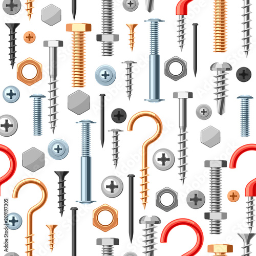 Seamless pattern with bolts nuts nails.