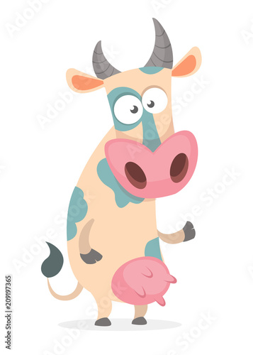 Funny cartoon cow character pointing on something isolated on white background. Farm animals. Vector illustration