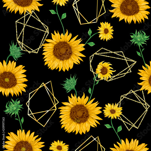 Seamless pattern with golden polygonal shapes and sunflowers in watercolor style. Vector illustration