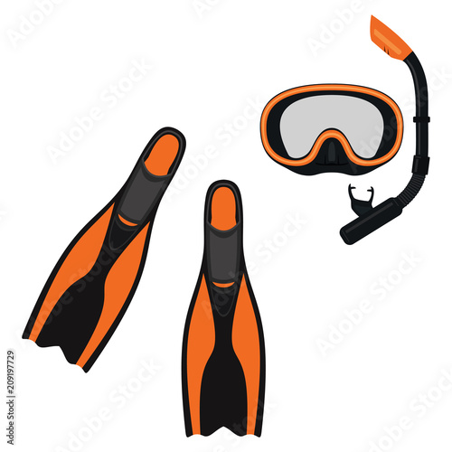 Collection for scuba diving or snorkeling. Scuba mask, snorkel, fins. Abstract concept, set of icons. Vector illustration on white background.