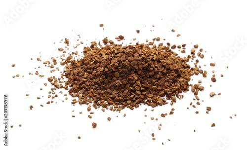 Instant coffee grains isolated on white background and texture