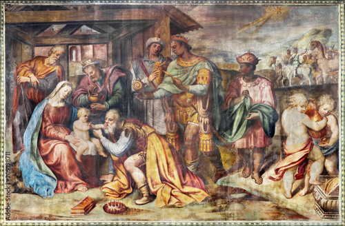 PARMA, ITALY - APRIL 16, 2018: The freso of Adoration of Three Magi in church Chiesa di Santa Croce by Giovanni Maria Conti della Camera (1614 - 1670). © Renáta Sedmáková