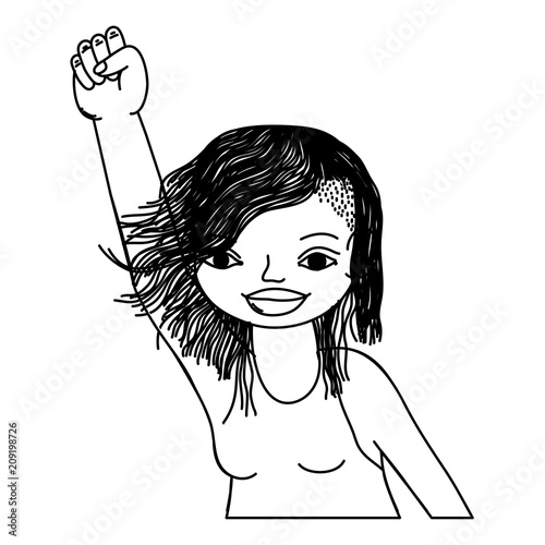 line happy woman with hairstyle and hand oppose up