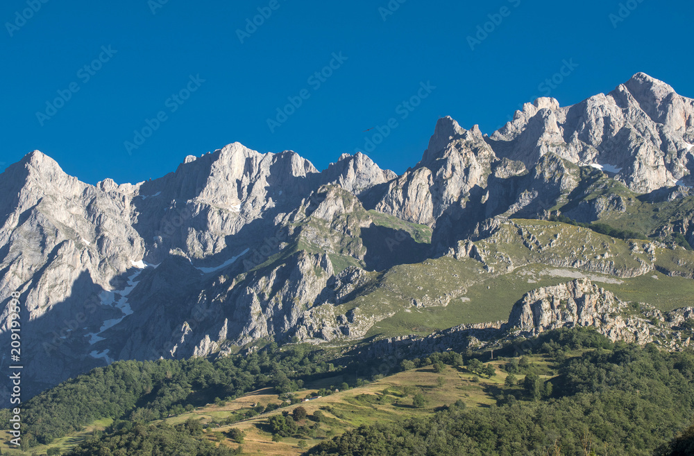 Spain, Asturias, National park de los Picos de Europa, Poncebos, Liebana valley, Way of St James, panoramic view on the mountains near Potes Spain, Asturias, National park de los Picos de Europa, Poncebos, Liebana valley, Way of St James, panoramic view on the mountains near Potes