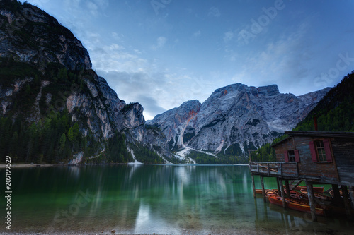 Braies Lake ( Pragser Wildsee ) in Dolomites Alps, Sudtirol, Italy